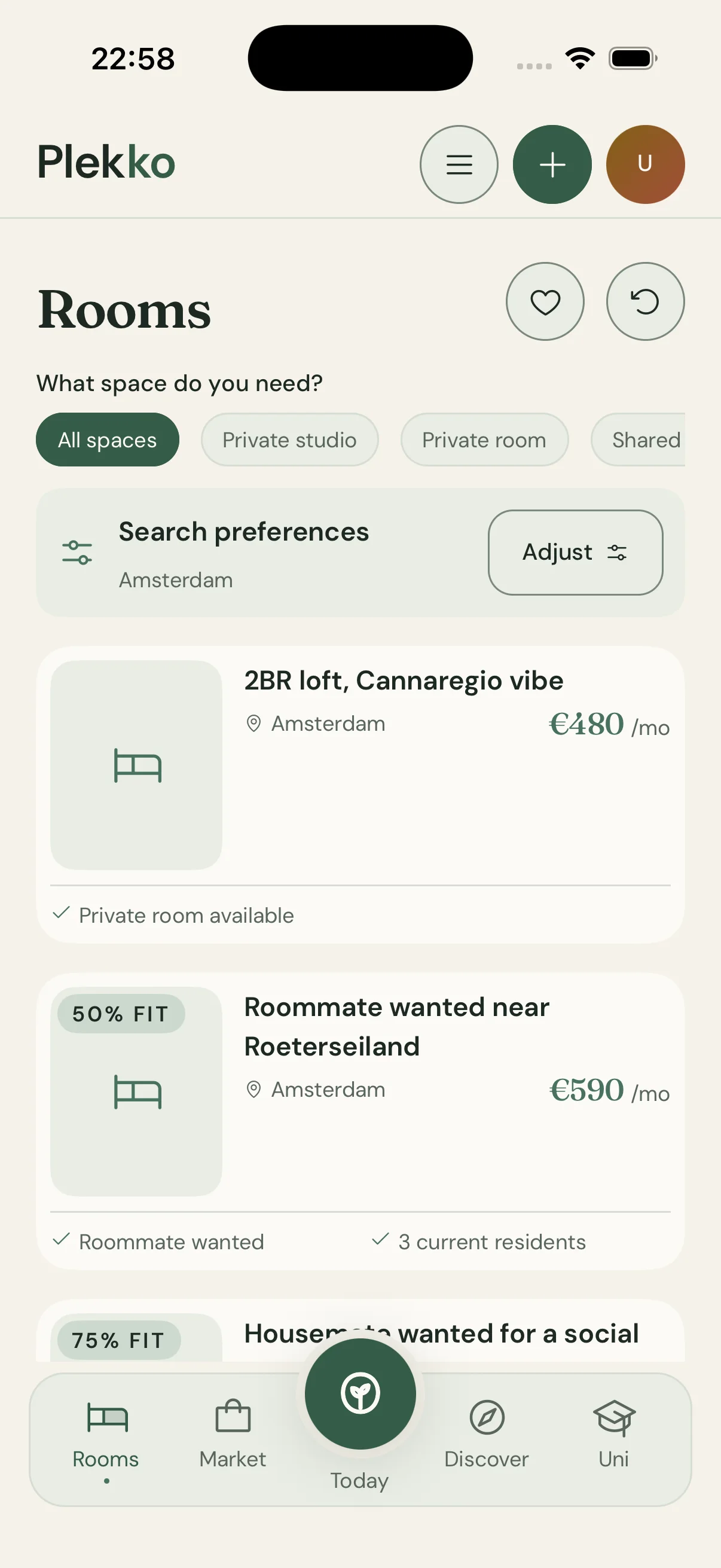 Plekko rooms screen with student room matches